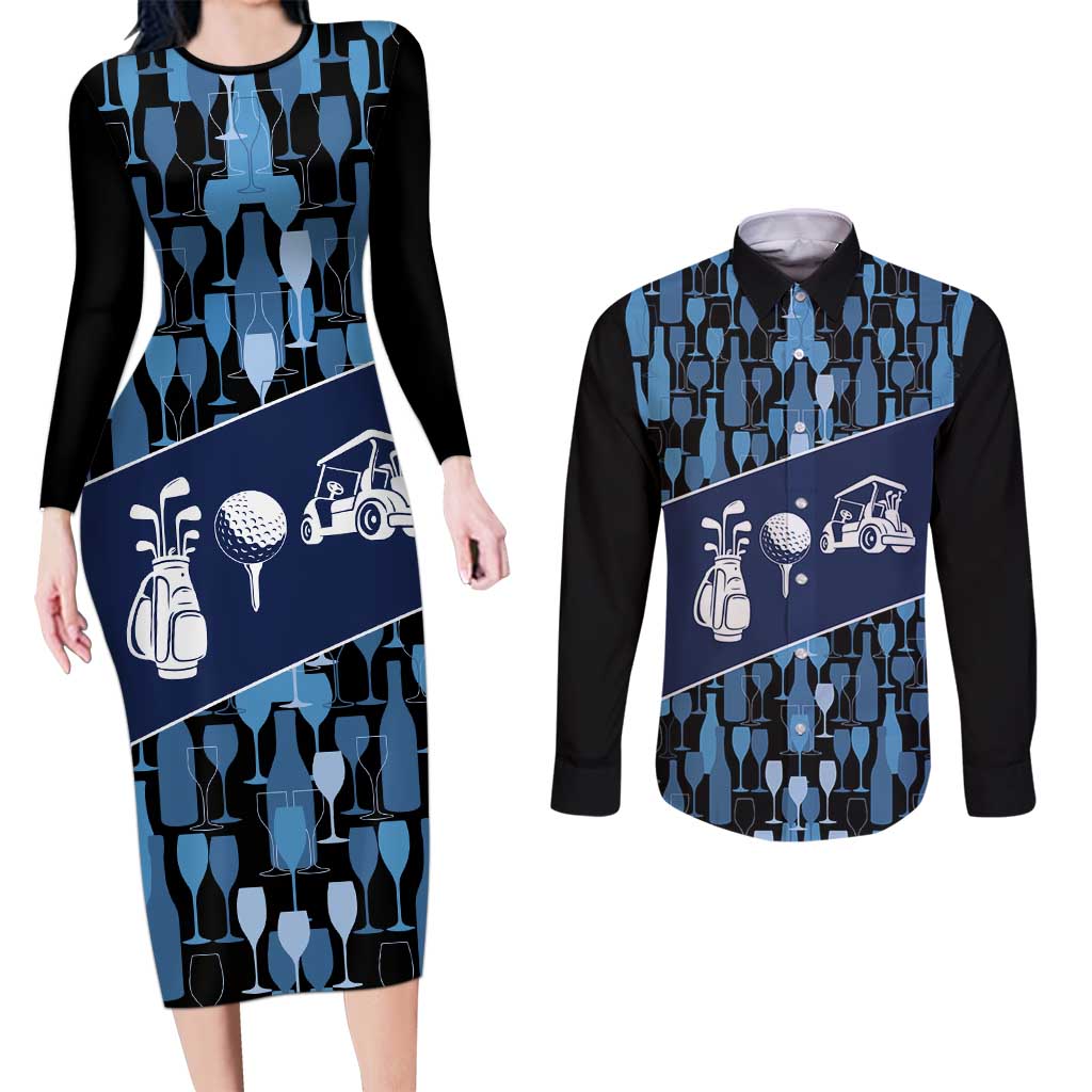 Custom Blue Wine Camo Pattern Golf Couples Matching Long Sleeve Bodycon Dress and Long Sleeve Button Shirt with Blue Golf Club Pattern Cart and Ball Graphic - Wonder Print Shop