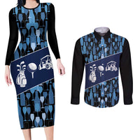 Custom Blue Wine Camo Pattern Golf Couples Matching Long Sleeve Bodycon Dress and Long Sleeve Button Shirt with Blue Golf Club Pattern Cart and Ball Graphic - Wonder Print Shop