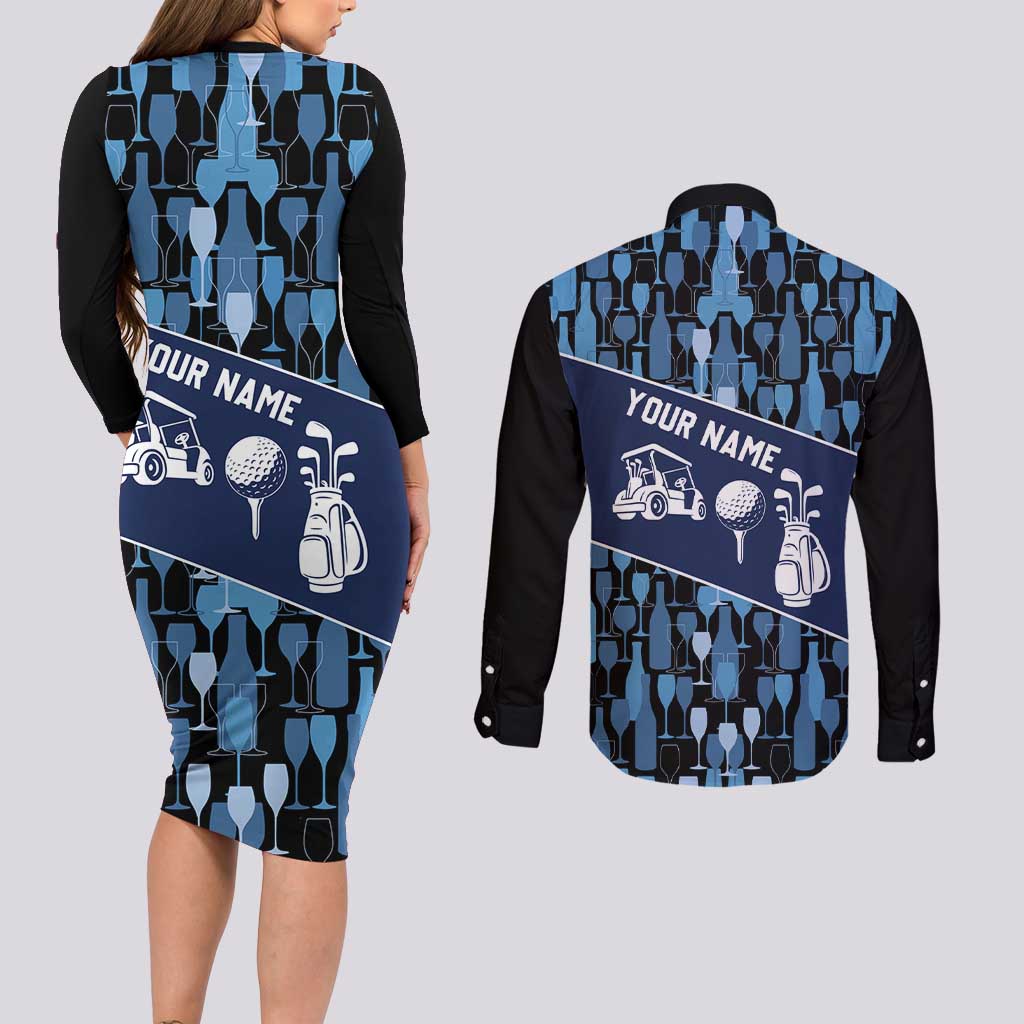 Custom Blue Wine Camo Pattern Golf Couples Matching Long Sleeve Bodycon Dress and Long Sleeve Button Shirt with Blue Golf Club Pattern Cart and Ball Graphic - Wonder Print Shop
