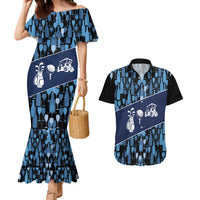 Custom Blue Wine Camo Pattern Golf Couples Matching Mermaid Dress and Hawaiian Shirt with Blue Golf Club Pattern Cart and Ball Graphic - Wonder Print Shop