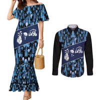 Custom Blue Wine Camo Pattern Golf Couples Matching Mermaid Dress and Long Sleeve Button Shirt with Blue Golf Club Pattern Cart and Ball Graphic - Wonder Print Shop