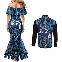 Custom Blue Wine Camo Pattern Golf Couples Matching Mermaid Dress and Long Sleeve Button Shirt with Blue Golf Club Pattern Cart and Ball Graphic - Wonder Print Shop