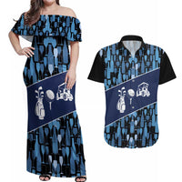 Custom Blue Wine Camo Pattern Golf Couples Matching Off Shoulder Maxi Dress and Hawaiian Shirt with Blue Golf Club Pattern Cart and Ball Graphic - Wonder Print Shop