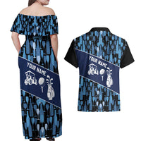 Custom Blue Wine Camo Pattern Golf Couples Matching Off Shoulder Maxi Dress and Hawaiian Shirt with Blue Golf Club Pattern Cart and Ball Graphic - Wonder Print Shop