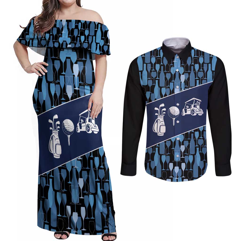 Custom Blue Wine Camo Pattern Golf Couples Matching Off Shoulder Maxi Dress and Long Sleeve Button Shirt with Blue Golf Club Pattern Cart and Ball Graphic - Wonder Print Shop