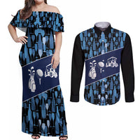 Custom Blue Wine Camo Pattern Golf Couples Matching Off Shoulder Maxi Dress and Long Sleeve Button Shirt with Blue Golf Club Pattern Cart and Ball Graphic - Wonder Print Shop