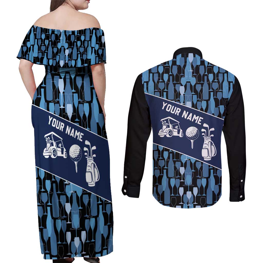 Custom Blue Wine Camo Pattern Golf Couples Matching Off Shoulder Maxi Dress and Long Sleeve Button Shirt with Blue Golf Club Pattern Cart and Ball Graphic - Wonder Print Shop