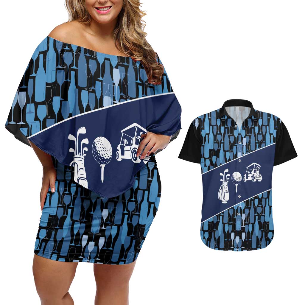 Custom Blue Wine Camo Pattern Golf Couples Matching Off Shoulder Short Dress and Hawaiian Shirt with Blue Golf Club Pattern Cart and Ball Graphic - Wonder Print Shop
