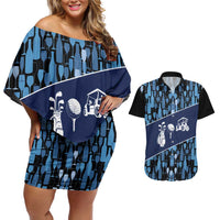 Custom Blue Wine Camo Pattern Golf Couples Matching Off Shoulder Short Dress and Hawaiian Shirt with Blue Golf Club Pattern Cart and Ball Graphic - Wonder Print Shop