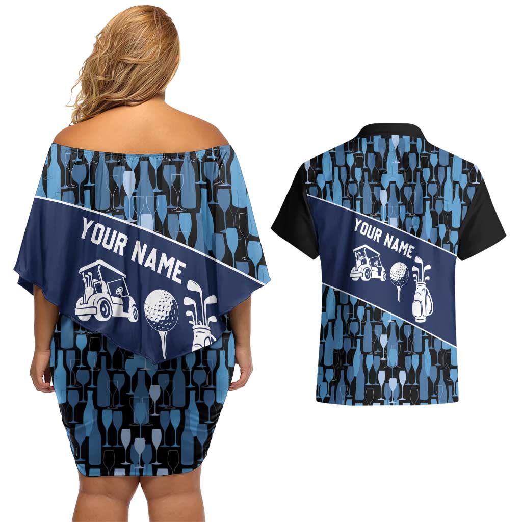 Custom Blue Wine Camo Pattern Golf Couples Matching Off Shoulder Short Dress and Hawaiian Shirt with Blue Golf Club Pattern Cart and Ball Graphic - Wonder Print Shop