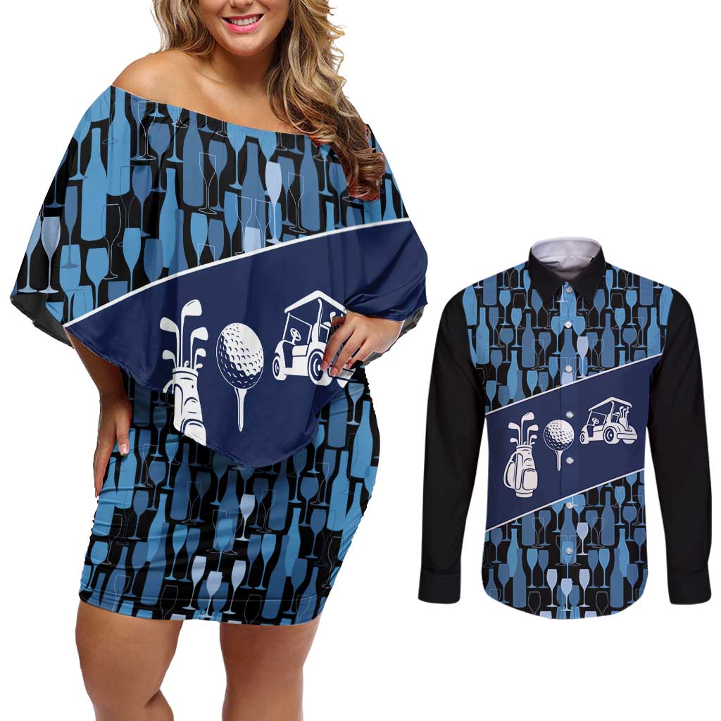 Custom Blue Wine Camo Pattern Golf Couples Matching Off Shoulder Short Dress and Long Sleeve Button Shirt with Blue Golf Club Pattern Cart and Ball Graphic - Wonder Print Shop
