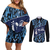 Custom Blue Wine Camo Pattern Golf Couples Matching Off Shoulder Short Dress and Long Sleeve Button Shirt with Blue Golf Club Pattern Cart and Ball Graphic - Wonder Print Shop