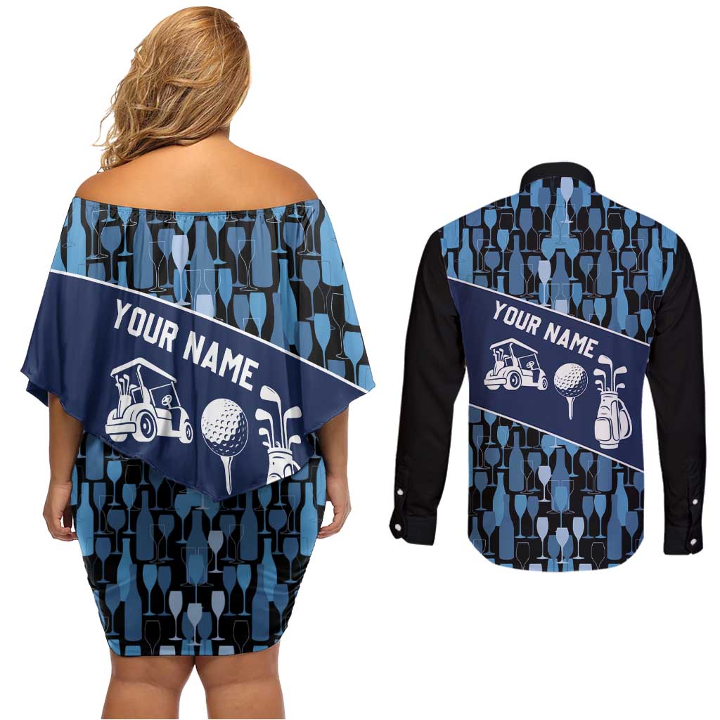 Custom Blue Wine Camo Pattern Golf Couples Matching Off Shoulder Short Dress and Long Sleeve Button Shirt with Blue Golf Club Pattern Cart and Ball Graphic - Wonder Print Shop