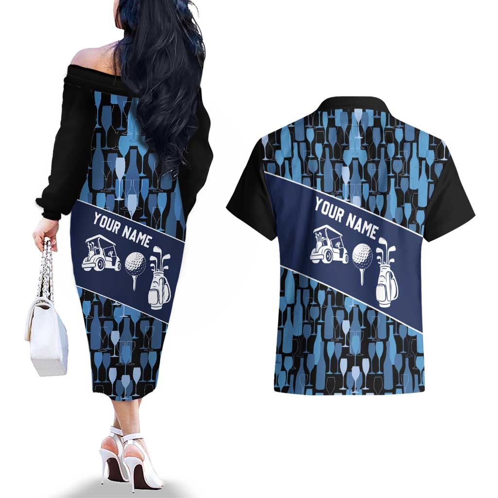 Custom Blue Wine Camo Pattern Golf Couples Matching Off The Shoulder Long Sleeve Dress and Hawaiian Shirt with Blue Golf Club Pattern Cart and Ball Graphic - Wonder Print Shop