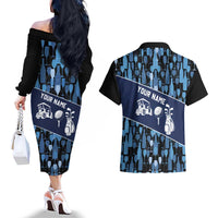 Custom Blue Wine Camo Pattern Golf Couples Matching Off The Shoulder Long Sleeve Dress and Hawaiian Shirt with Blue Golf Club Pattern Cart and Ball Graphic - Wonder Print Shop