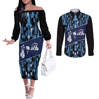 Custom Blue Wine Camo Pattern Golf Couples Matching Off The Shoulder Long Sleeve Dress and Long Sleeve Button Shirt with Blue Golf Club Pattern Cart and Ball Graphic - Wonder Print Shop