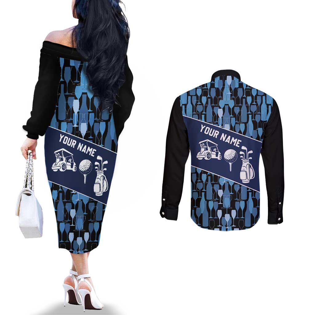 Custom Blue Wine Camo Pattern Golf Couples Matching Off The Shoulder Long Sleeve Dress and Long Sleeve Button Shirt with Blue Golf Club Pattern Cart and Ball Graphic - Wonder Print Shop