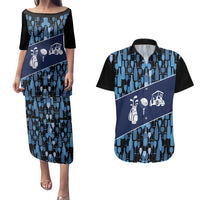 Custom Blue Wine Camo Pattern Golf Couples Matching Puletasi and Hawaiian Shirt with Blue Golf Club Pattern Cart and Ball Graphic - Wonder Print Shop