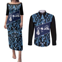 Custom Blue Wine Camo Pattern Golf Couples Matching Puletasi and Long Sleeve Button Shirt with Blue Golf Club Pattern Cart and Ball Graphic - Wonder Print Shop