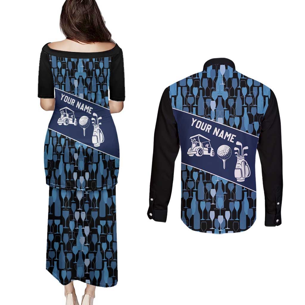 Custom Blue Wine Camo Pattern Golf Couples Matching Puletasi and Long Sleeve Button Shirt with Blue Golf Club Pattern Cart and Ball Graphic - Wonder Print Shop