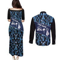 Custom Blue Wine Camo Pattern Golf Couples Matching Puletasi and Long Sleeve Button Shirt with Blue Golf Club Pattern Cart and Ball Graphic - Wonder Print Shop