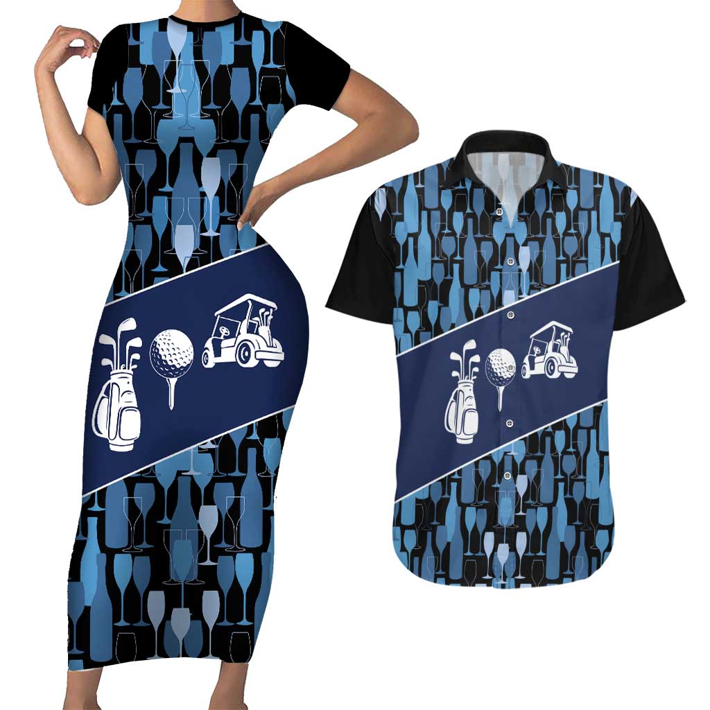 Custom Blue Wine Camo Pattern Golf Couples Matching Short Sleeve Bodycon Dress and Hawaiian Shirt with Blue Golf Club Pattern Cart and Ball Graphic - Wonder Print Shop