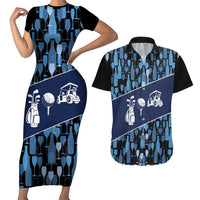 Custom Blue Wine Camo Pattern Golf Couples Matching Short Sleeve Bodycon Dress and Hawaiian Shirt with Blue Golf Club Pattern Cart and Ball Graphic - Wonder Print Shop