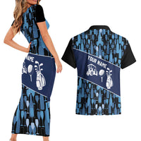 Custom Blue Wine Camo Pattern Golf Couples Matching Short Sleeve Bodycon Dress and Hawaiian Shirt with Blue Golf Club Pattern Cart and Ball Graphic - Wonder Print Shop