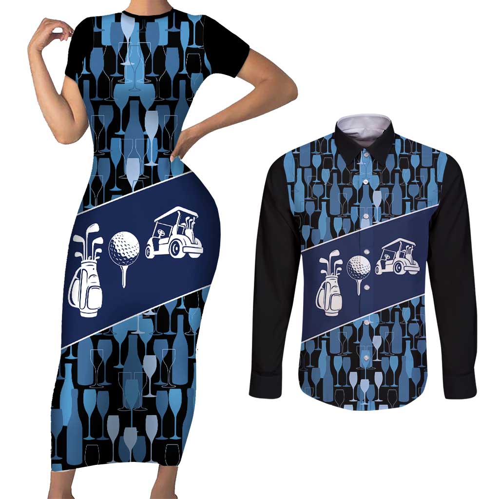 Custom Blue Wine Camo Pattern Golf Couples Matching Short Sleeve Bodycon Dress and Long Sleeve Button Shirt with Blue Golf Club Pattern Cart and Ball Graphic - Wonder Print Shop