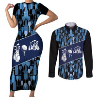 Custom Blue Wine Camo Pattern Golf Couples Matching Short Sleeve Bodycon Dress and Long Sleeve Button Shirt with Blue Golf Club Pattern Cart and Ball Graphic - Wonder Print Shop