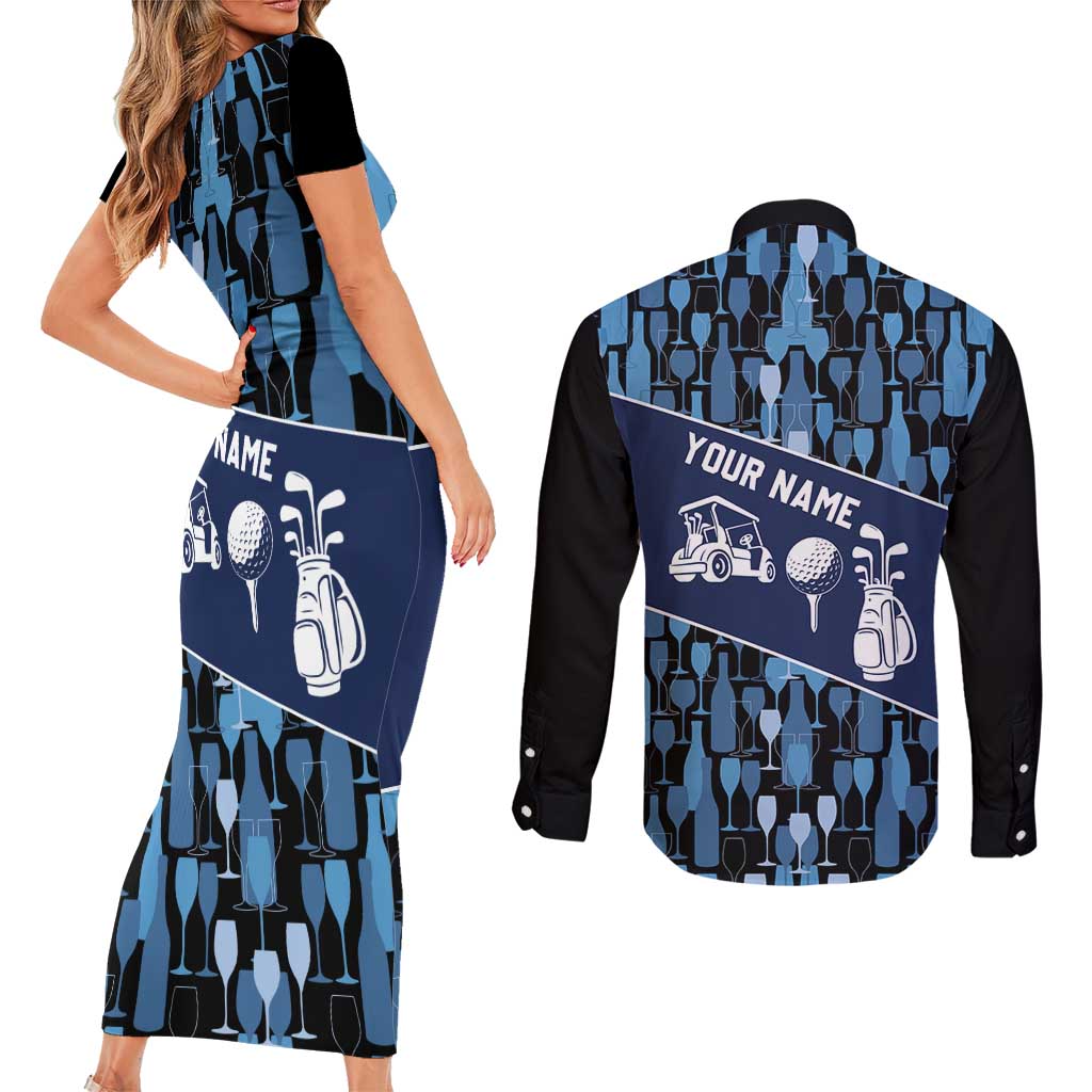 Custom Blue Wine Camo Pattern Golf Couples Matching Short Sleeve Bodycon Dress and Long Sleeve Button Shirt with Blue Golf Club Pattern Cart and Ball Graphic - Wonder Print Shop