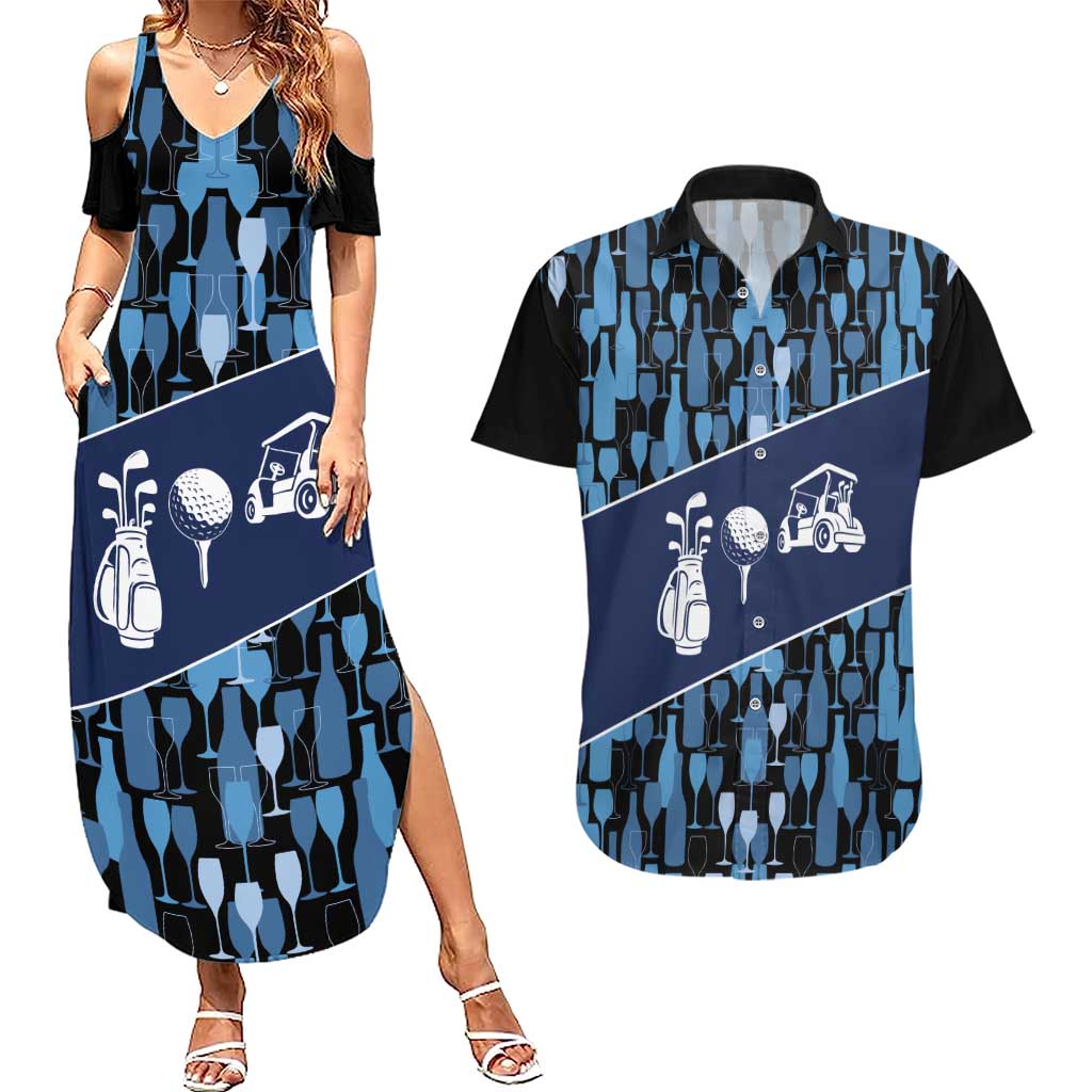 Custom Blue Wine Camo Pattern Golf Couples Matching Summer Maxi Dress and Hawaiian Shirt with Blue Golf Club Pattern Cart and Ball Graphic - Wonder Print Shop