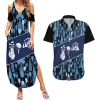 Custom Blue Wine Camo Pattern Golf Couples Matching Summer Maxi Dress and Hawaiian Shirt with Blue Golf Club Pattern Cart and Ball Graphic - Wonder Print Shop