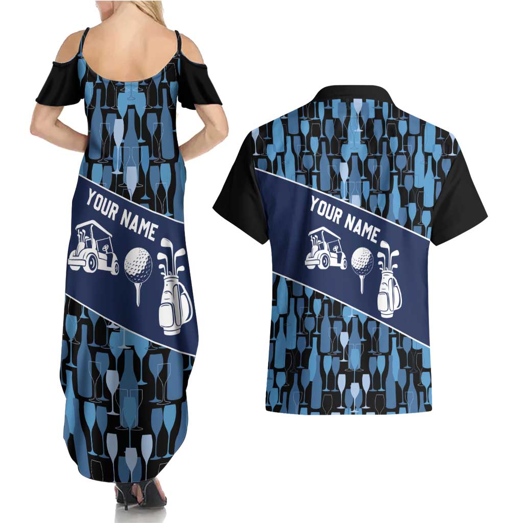 Custom Blue Wine Camo Pattern Golf Couples Matching Summer Maxi Dress and Hawaiian Shirt with Blue Golf Club Pattern Cart and Ball Graphic - Wonder Print Shop