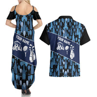 Custom Blue Wine Camo Pattern Golf Couples Matching Summer Maxi Dress and Hawaiian Shirt with Blue Golf Club Pattern Cart and Ball Graphic - Wonder Print Shop
