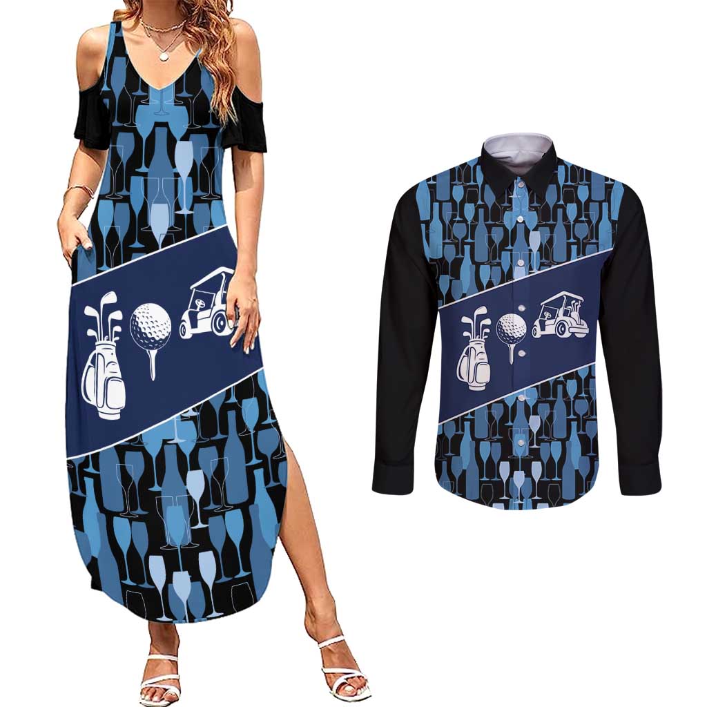 Custom Blue Wine Camo Pattern Golf Couples Matching Summer Maxi Dress and Long Sleeve Button Shirt with Blue Golf Club Pattern Cart and Ball Graphic - Wonder Print Shop
