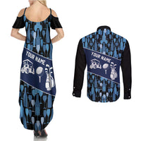 Custom Blue Wine Camo Pattern Golf Couples Matching Summer Maxi Dress and Long Sleeve Button Shirt with Blue Golf Club Pattern Cart and Ball Graphic - Wonder Print Shop