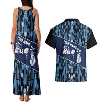 Custom Blue Wine Camo Pattern Golf Couples Matching Tank Maxi Dress and Hawaiian Shirt with Blue Golf Club Pattern Cart and Ball Graphic - Wonder Print Shop