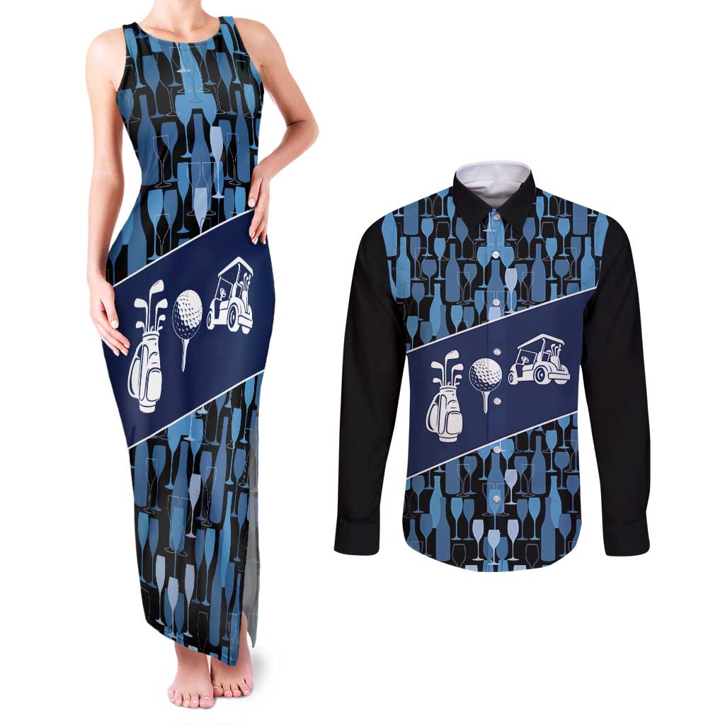 Custom Blue Wine Camo Pattern Golf Couples Matching Tank Maxi Dress and Long Sleeve Button Shirt with Blue Golf Club Pattern Cart and Ball Graphic - Wonder Print Shop