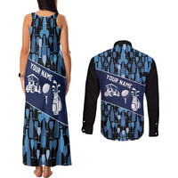 Custom Blue Wine Camo Pattern Golf Couples Matching Tank Maxi Dress and Long Sleeve Button Shirt with Blue Golf Club Pattern Cart and Ball Graphic - Wonder Print Shop