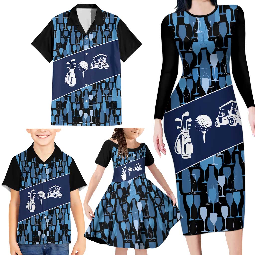 Custom Blue Wine Camo Pattern Golf Family Matching Long Sleeve Bodycon Dress and Hawaiian Shirt with Blue Golf Club Pattern Cart and Ball Graphic - Wonder Print Shop