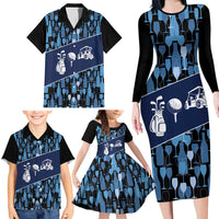 Custom Blue Wine Camo Pattern Golf Family Matching Long Sleeve Bodycon Dress and Hawaiian Shirt with Blue Golf Club Pattern Cart and Ball Graphic - Wonder Print Shop