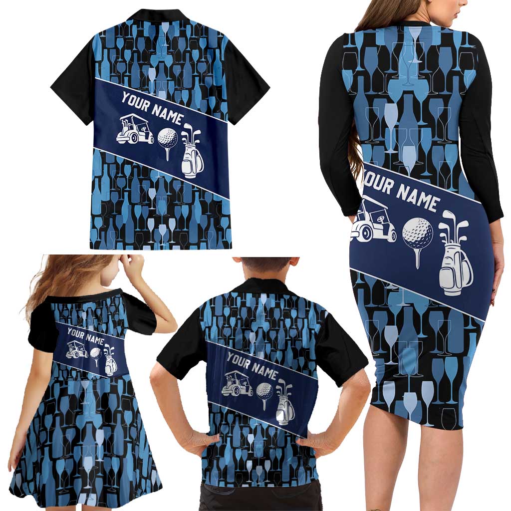Custom Blue Wine Camo Pattern Golf Family Matching Long Sleeve Bodycon Dress and Hawaiian Shirt with Blue Golf Club Pattern Cart and Ball Graphic - Wonder Print Shop