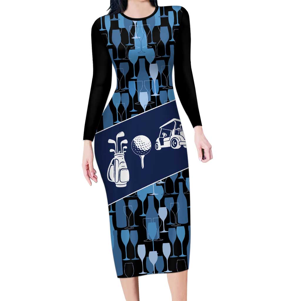 Custom Blue Wine Camo Pattern Golf Family Matching Long Sleeve Bodycon Dress and Hawaiian Shirt with Blue Golf Club Pattern Cart and Ball Graphic - Wonder Print Shop