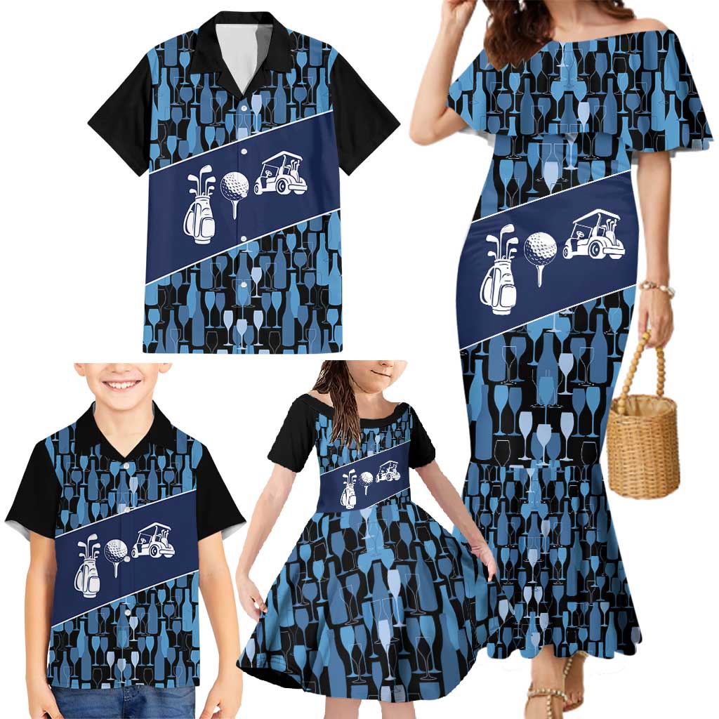 Custom Blue Wine Camo Pattern Golf Family Matching Mermaid Dress and Hawaiian Shirt with Blue Golf Club Pattern Cart and Ball Graphic - Wonder Print Shop
