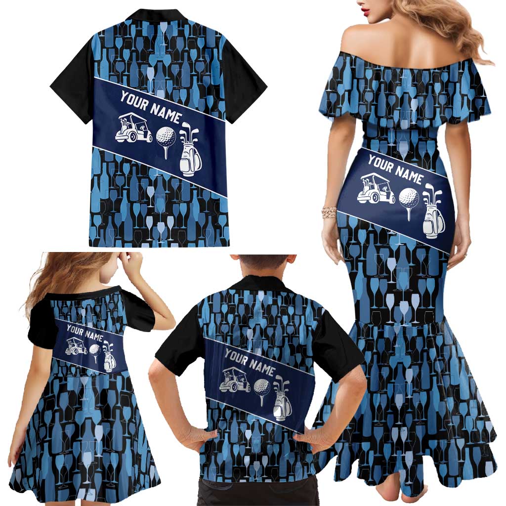 Custom Blue Wine Camo Pattern Golf Family Matching Mermaid Dress and Hawaiian Shirt with Blue Golf Club Pattern Cart and Ball Graphic - Wonder Print Shop