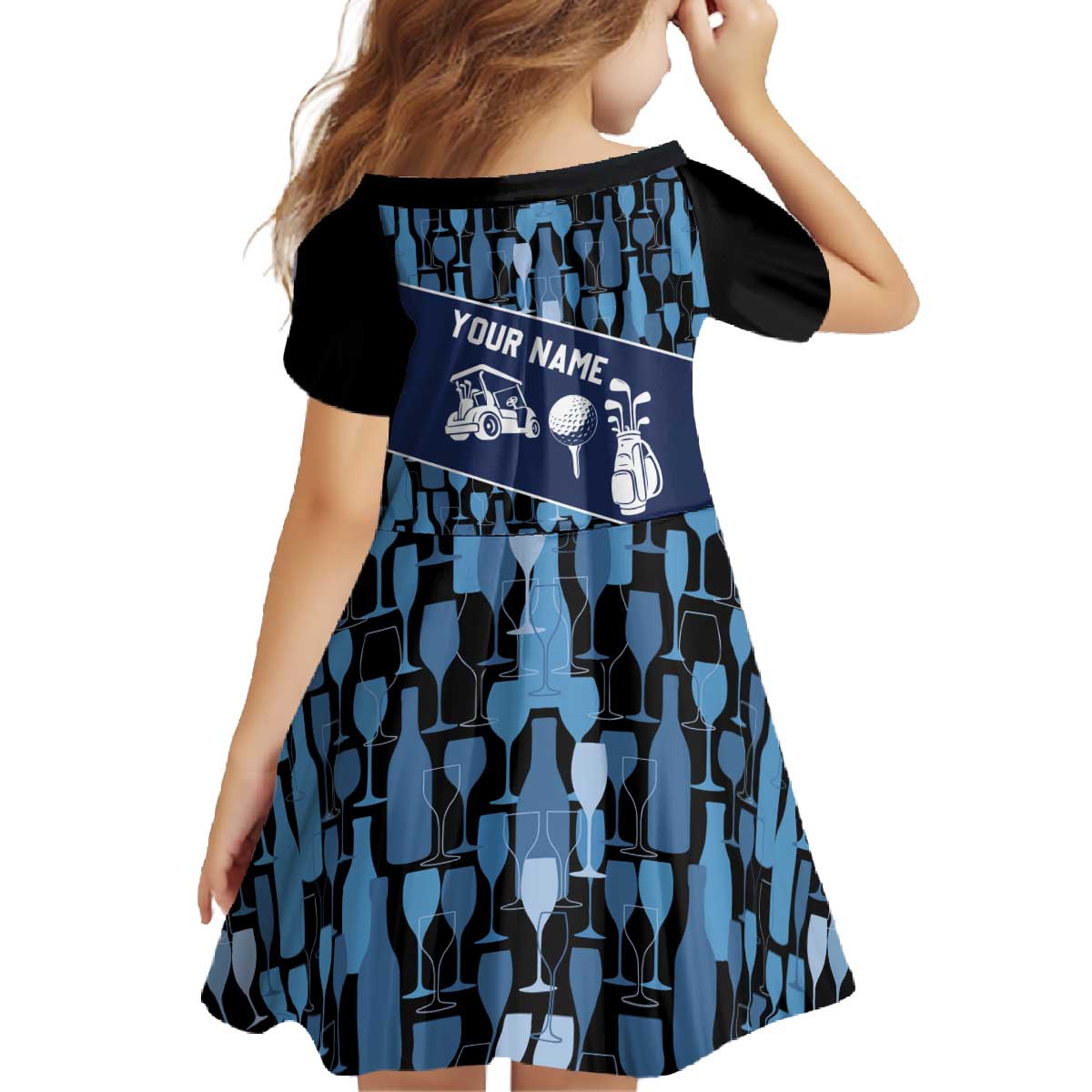 Custom Blue Wine Camo Pattern Golf Family Matching Off The Shoulder Long Sleeve Dress and Hawaiian Shirt with Blue Golf Club Pattern Cart and Ball Graphic - Wonder Print Shop