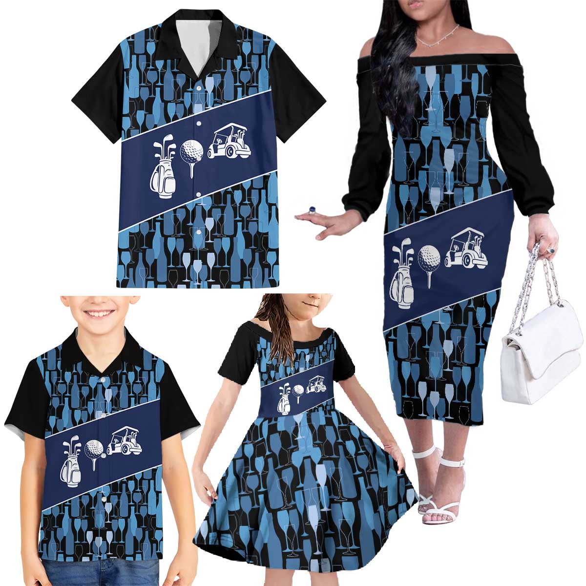 Custom Blue Wine Camo Pattern Golf Family Matching Off The Shoulder Long Sleeve Dress and Hawaiian Shirt with Blue Golf Club Pattern Cart and Ball Graphic - Wonder Print Shop