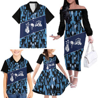 Custom Blue Wine Camo Pattern Golf Family Matching Off The Shoulder Long Sleeve Dress and Hawaiian Shirt with Blue Golf Club Pattern Cart and Ball Graphic - Wonder Print Shop
