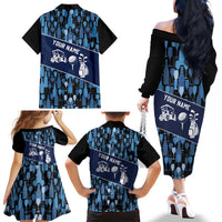 Custom Blue Wine Camo Pattern Golf Family Matching Off The Shoulder Long Sleeve Dress and Hawaiian Shirt with Blue Golf Club Pattern Cart and Ball Graphic - Wonder Print Shop